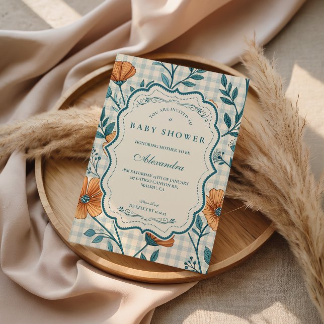 Gingham Persika Blommig Baby Shower Inbjudningar (Skapare uppladdad)