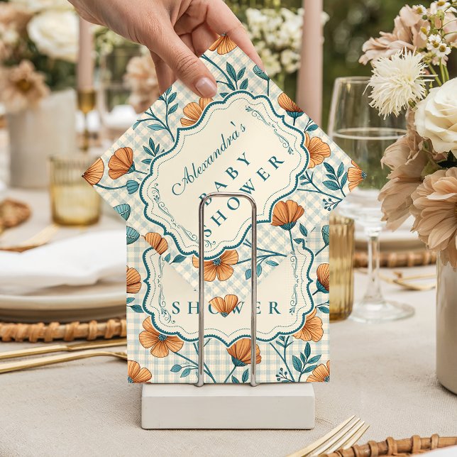 Gingham Persika Blommig Babyfirande Pappersservett (Skapare uppladdad)