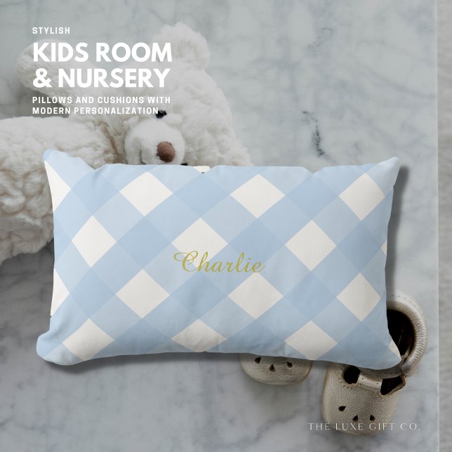 Gingham Personlig Blue Lumbar Pillow Cushion Lumbarkudde (Skapare uppladdad)