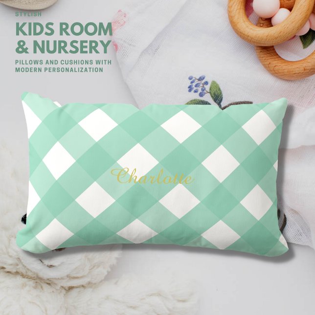 Gingham Personlig Grönt Lumbar Pillow Cushion Lumbarkudde (Skapare uppladdad)