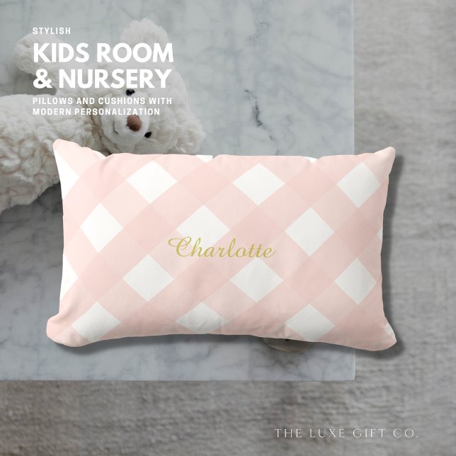 Gingham Personlig Rosa Lumbar Pillow Cushion Lumbarkudde (Skapare uppladdad)