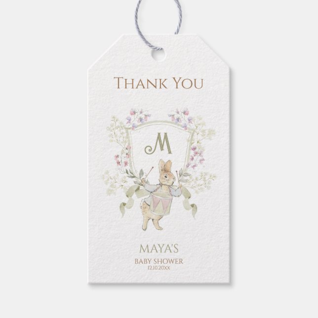 Gingham Peter, Rabbit Monogram Baby Shower Presentetikett (Framsidan)
