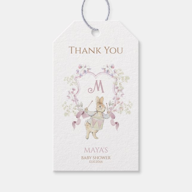Gingham Peter, Rabbit Rosa Monogram Baby Shower Presentetikett (Framsidan)