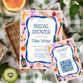 Gingham Picknick Modern Snygg CUSTOM QR Bröllopsfe Tilläggskort