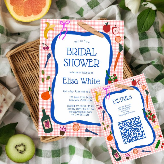 Gingham Picknick Modern Snygg CUSTOM QR Bröllopsfe Tilläggskort (Gingham Picnic Modern Cute CUSTOM QR Bridal Shower Enclosure Card
)