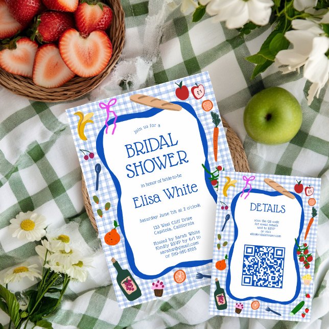 Gingham Picknick Modern Snygg KUND QR Bröllopsfest Tilläggskort (Gingham Picnic Modern Cute CUSTOM QR code Bridal Shower Enclosure Card
)