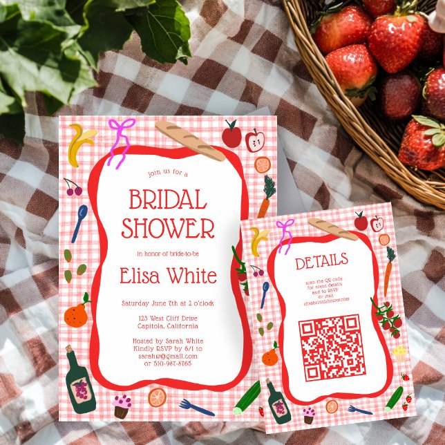 Gingham Picknick Modern Snygg KUND QR Bröllopsfest Tilläggskort (Gingham Picnic Modern Cute CUSTOM QR code Bridal Shower Enclosure Card
)