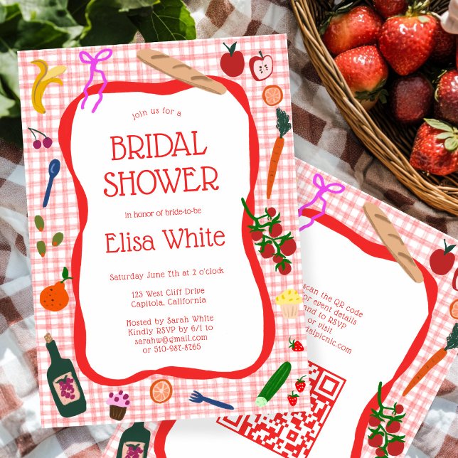 Gingham Picknick Modern Söt Anpassad QR Bröllopsdu Inbjudningar (Gingham Picnic Modern Cute CUSTOM QR Bridal Shower Invitation
)