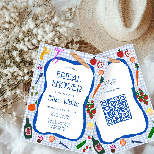 Gingham Picnic Modern Cute ANPASSNINGSBAR QR Möhip Inbjudningar (Gingham Picnic Modern Cute CUSTOM QR code Bridal Shower Invitation
)