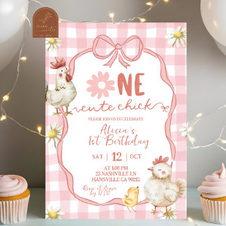 Gingham Pink Daisy One Cute Chick 1st Birthday Inbjudningar