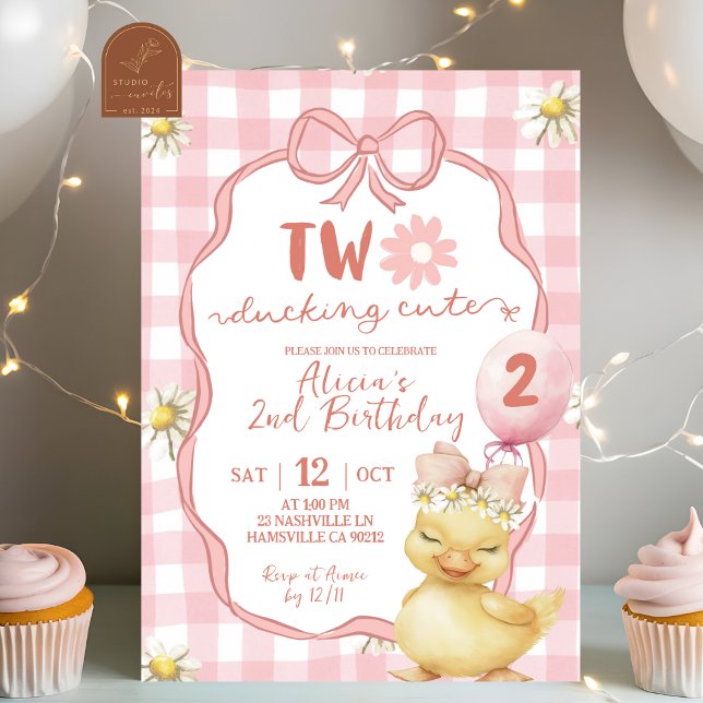 Gingham Pink Daisy Yellow Duck 2nd Birthday Inbjudningar (Skapare uppladdad)