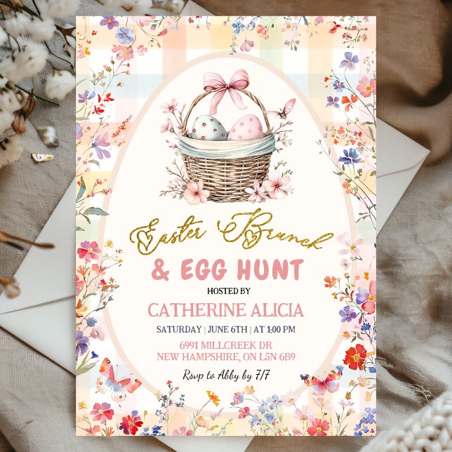 Gingham Pink Wildflower Easter Egg Hunt and Brunch Inbjudningar (Skapare uppladdad)
