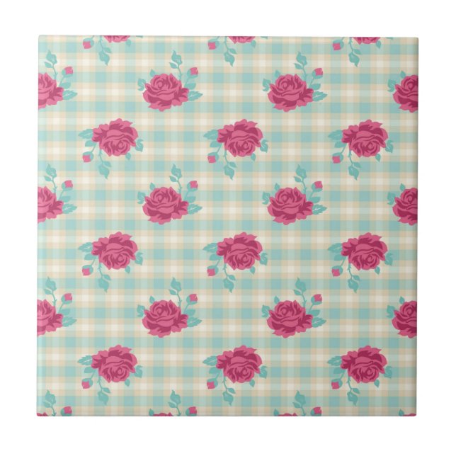 Gingham plaid och shock rosa ro mönster kakelplatta (Framsidan)