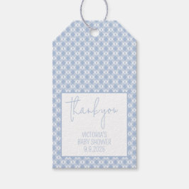 Gingham Plaid Pastell Dammig Blå Bebis Babyfest Presentetikett