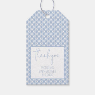 Gingham Plaid Pastell Dammig Blå Bebis Babyfest Presentetikett