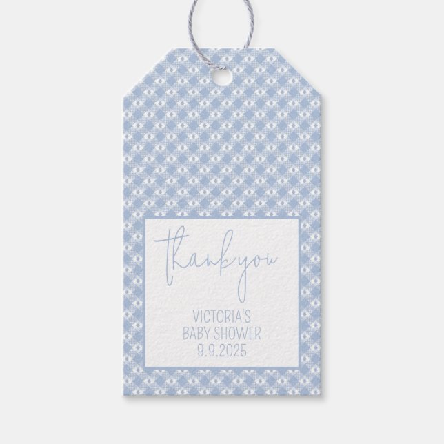 Gingham Plaid Pastell Dammig Blå Bebis Babyfest Presentetikett (Framsidan)