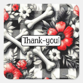 Gingham Play Black White Red Blommigt Tack Fyrkantigt Klistermärke