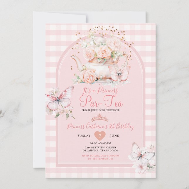 Gingham Princess ParTea Rosa Butterfly Birthday Inbjudningar (Framsida)
