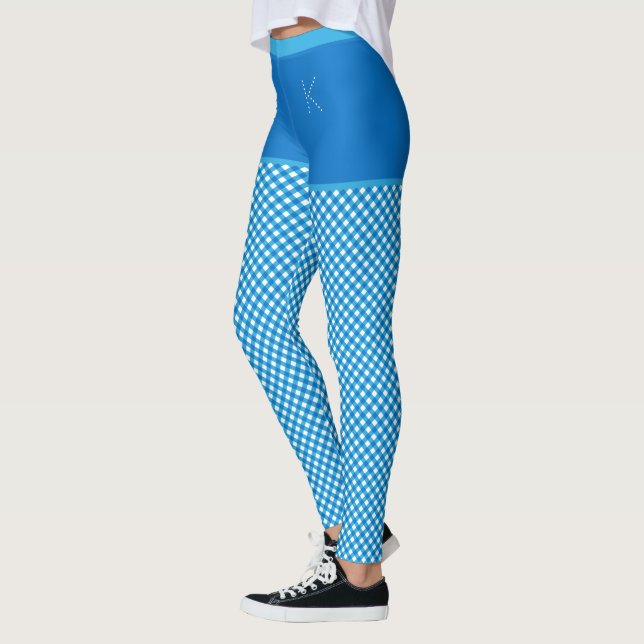 Gingham Print Blue White Monogram Personlig Leggings (Vänster)