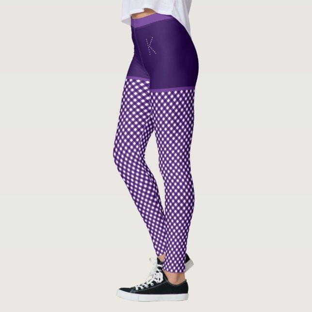 Gingham Print Lila White Monogram Personlig Leggings (Vänster)