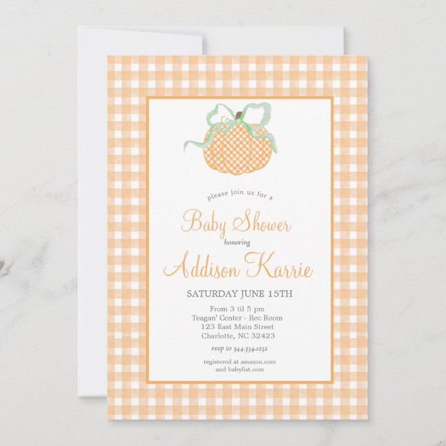 Gingham Pumpkin Baby Shower-inbjudan Inbjudningar (Framsida)