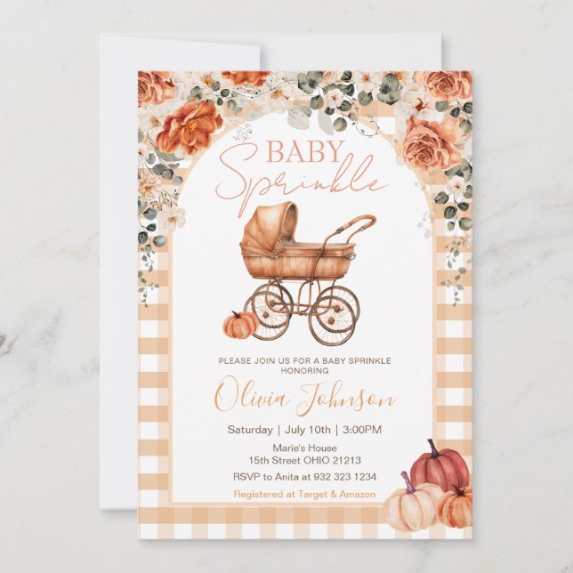 Gingham Pumpkin Barnvagn Baby Sprinkle Baby Shower Inbjudningar (Framsida)