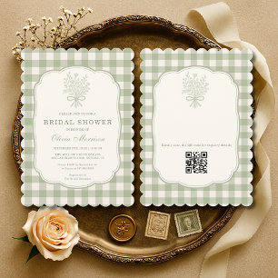 Gingham QR-kod Sälggrön Blommig Bröllopsfest Inbjudningar