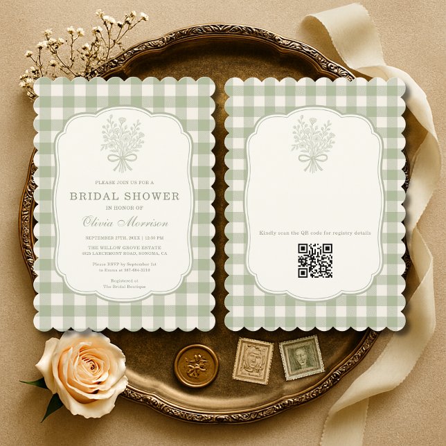 Gingham QR-kod Sälggrön Blommig Bröllopsfest Inbjudningar (Skapare uppladdad)