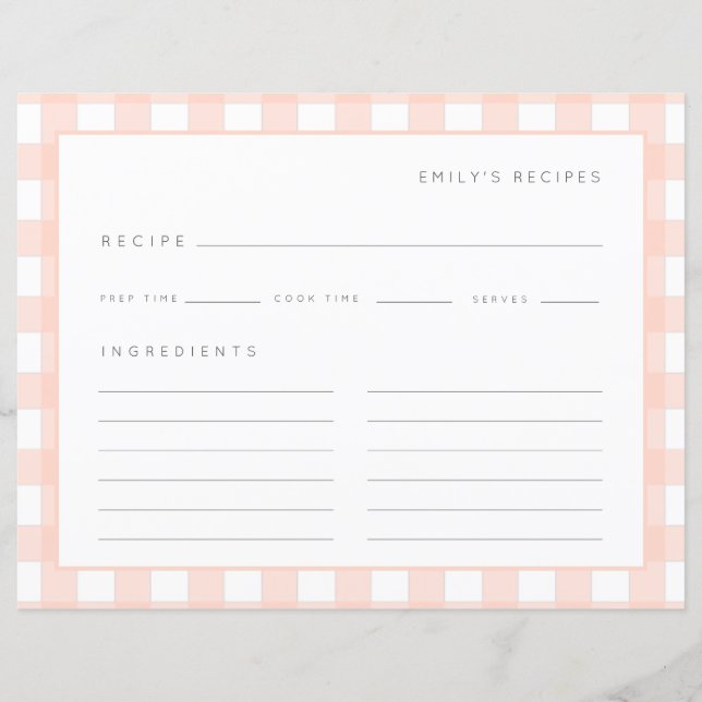 Gingham Recipes  Rosa Check Cute Recipes Card (Framsida)