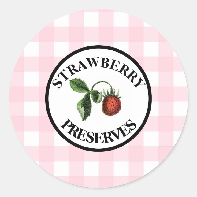 Gingham Retro Strawberry Preserve Runt Klistermärke (Framsida)