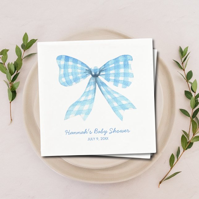Gingham Ribbon Blue Bow Pojke Shower Napkins Pappersservett (Gingham Ribbon Blue Bow Baby Boy Shower Napkins)