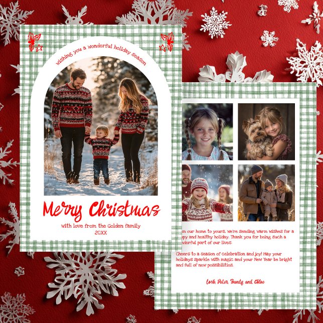 Gingham Röd Grön Jul Anpassad Båge 5 Foto  Julkort (Gingham Red Green Christmas Custom Arch 5 Photo Holiday Card
)