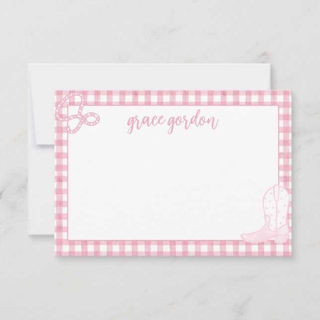 Gingham Rosa Boot Girls Stationery - tack för ditt Kort (Framsida)
