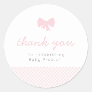 Gingham rosa bow babyduschdetikett runt klistermärke