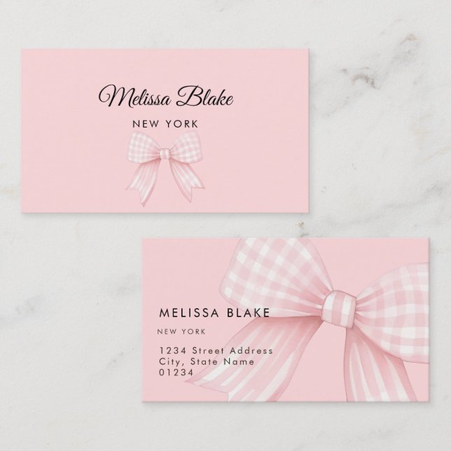 gingham rosa bow design visitkort (Fram/baksida)