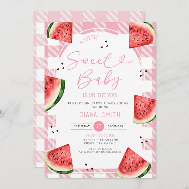 Gingham Rosa Bow Watermelon Baby Shower Inbjudningar (Fram/baksida)