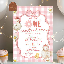 Gingham Rosa Daisy One Cute Chick 1-årsfest Inbjudningar