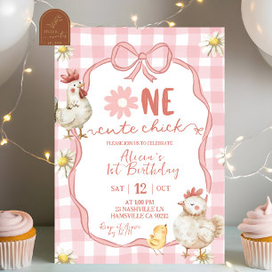 Gingham Rosa Daisy One Cute Chick 1-årsfest Inbjudningar