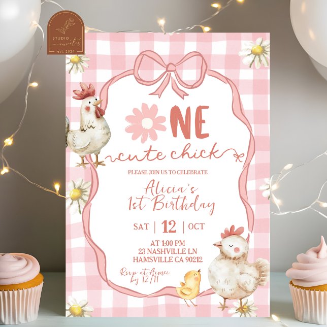 Gingham Rosa Daisy One Cute Chick 1-årsfest Inbjudningar (Skapare uppladdad)
