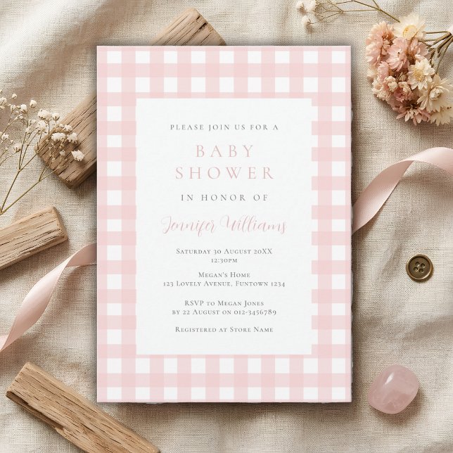 Gingham Rosa Flickbabykalasinbjudan Inbjudningar (Skapare uppladdad)