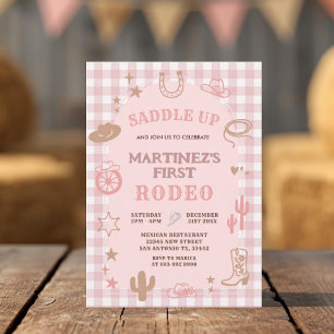 Gingham Rosa Girl Girl My First Rodeo Cowgirl Birt Inbjudningar