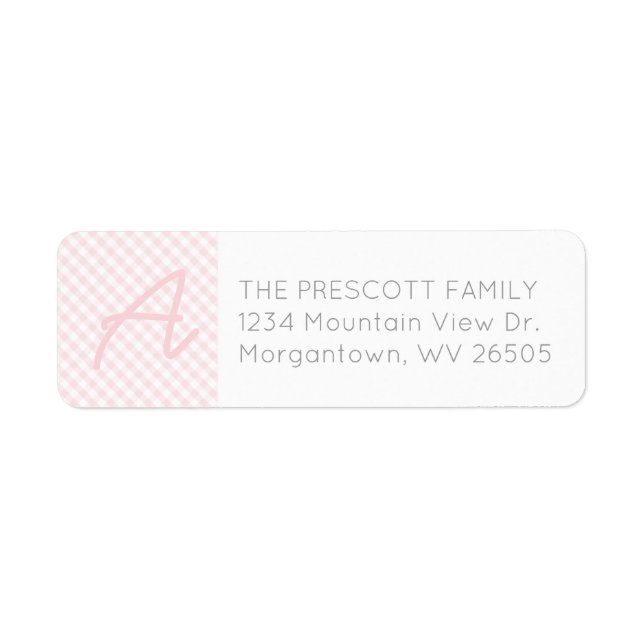 Gingham rosa initial babydusch returadress returadress etikett (Framsidan)