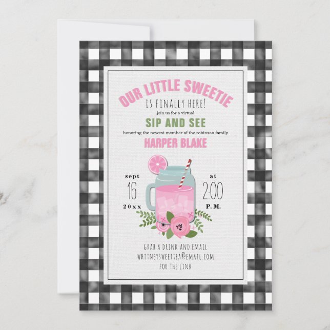 Gingham Rosa Lemonad Babyflicka Virtuell Smak & Se Inbjudningar (Framsida)