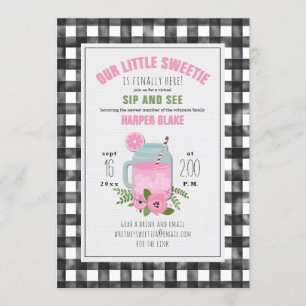 Gingham Rosa Lemonad Babyflicka Virtuell Smak & Se Inbjudningar