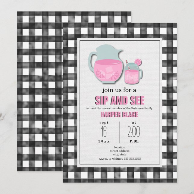 Gingham Rosa Lemonade Sip & See Baby-inbjudan Inbjudningar (Fram/baksida)