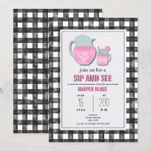 Gingham Rosa Lemonade Sip & See Baby-inbjudan Inbjudningar