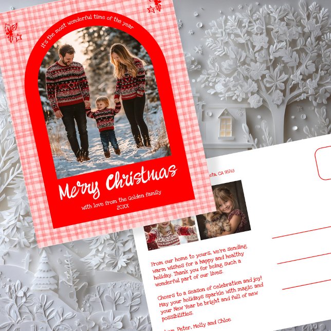 Gingham Rosa Red jul Anpassningsbar Arch 3 Photo Helg Vykort (Gingham Pink Red Christmas Custom Arch 3 Photo Holiday Postcard
)