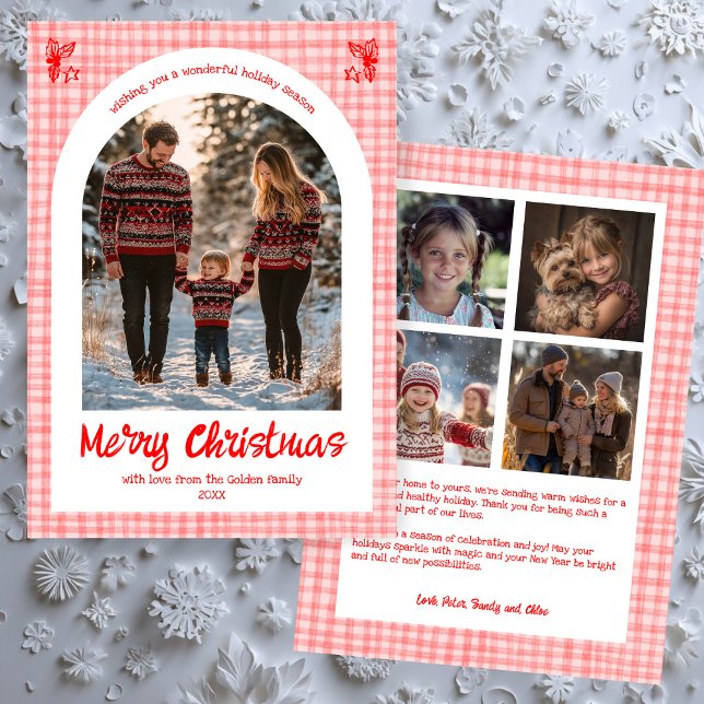 Gingham Rosa Red jul Anpassningsbar Arch 5 Photo Julkort (Gingham Pink Red Christmas Custom Arch 5 Photo Holiday Card
)