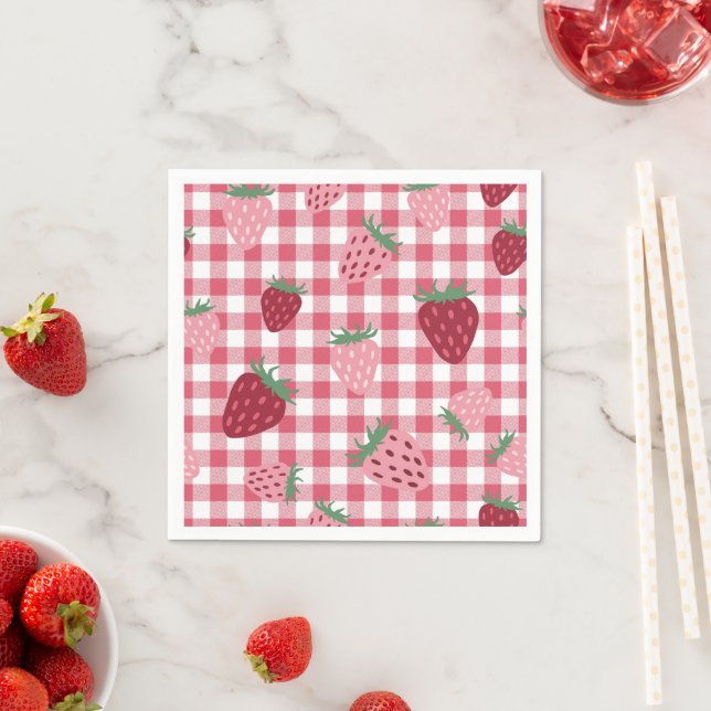 Gingham Rosa & Red Strawberry Berry Pappersservett (Insitu)