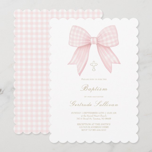 gingham rosa rosett | Dop Inbjudningar (Fram/baksida)